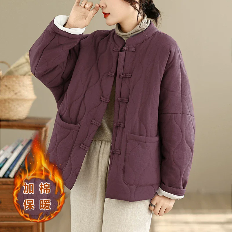 Autumn Winter Thick Warm Cotton Jacket Chinese Style Retro Disc Button Short Quilted Linen Coat Outerwear for Casual Wear j2219