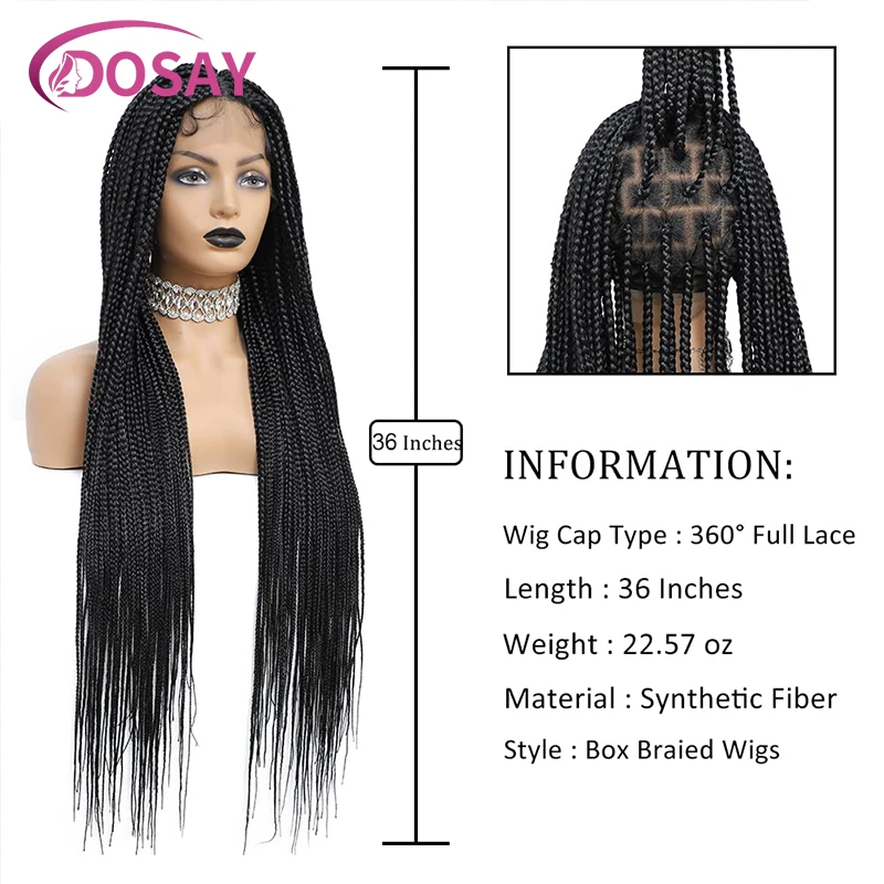 Dosay-Synthetic Full Lace Trançado Perucas para Mulheres Negras, Box Tranças, Lace Front Perucas, Knotless, Caixa Pequena, Cabelo Quadrado, 36"