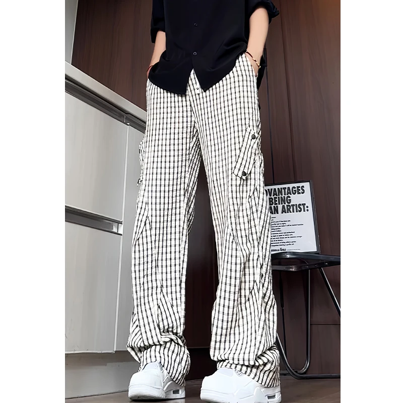 

Summer Breathable Plaid Pants For Man Clothing 2025 Full Length Loose Casual Men's Trousers Fashion Fold Design Men Pants 5XL-M