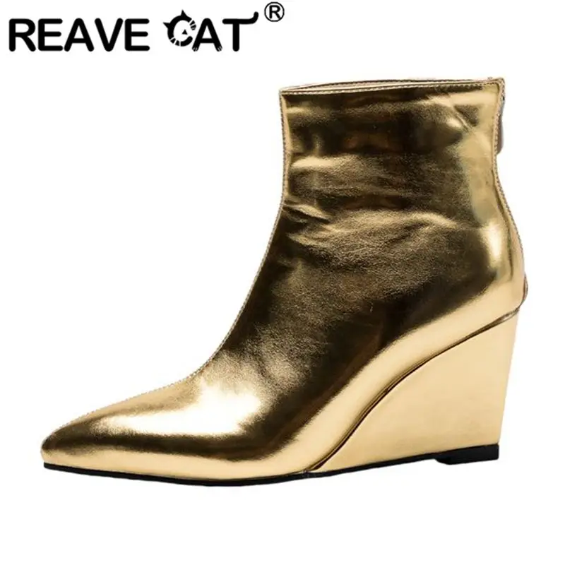 REAVE CAT Women Ankle Boots Pointed Toe Wedges High Heel Size 44 45 46 Elegant Female Party Dating Bota