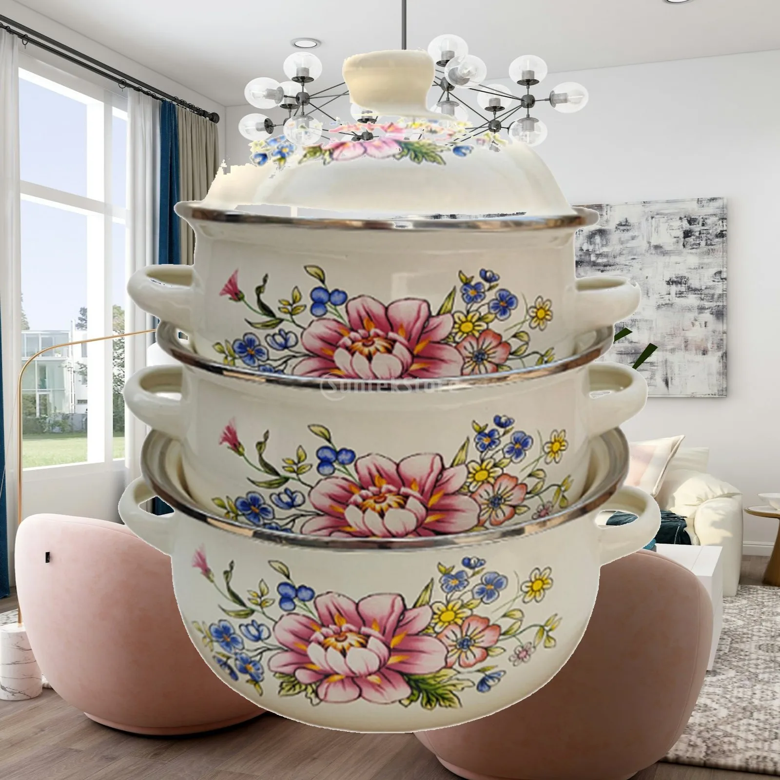 Three Piece Enamel Cookware Pot Set Flat Bottom Floral Soup Simmer Pan with Dual Handles for Restaurant Home Use