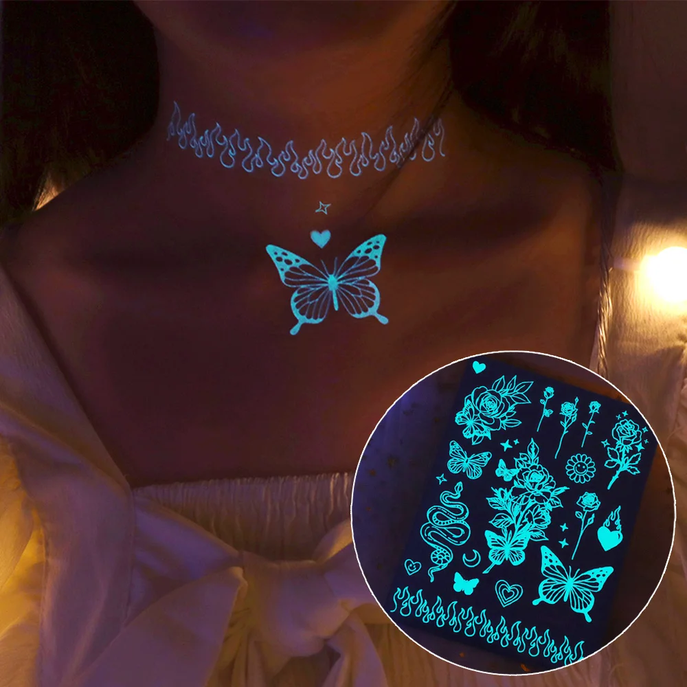 6 Sheets Blue Luminous Butterfly Flowers Tattoo Stickers,Glow In The Dark,Wedding & Music Festival Party Favor Decor Supplies