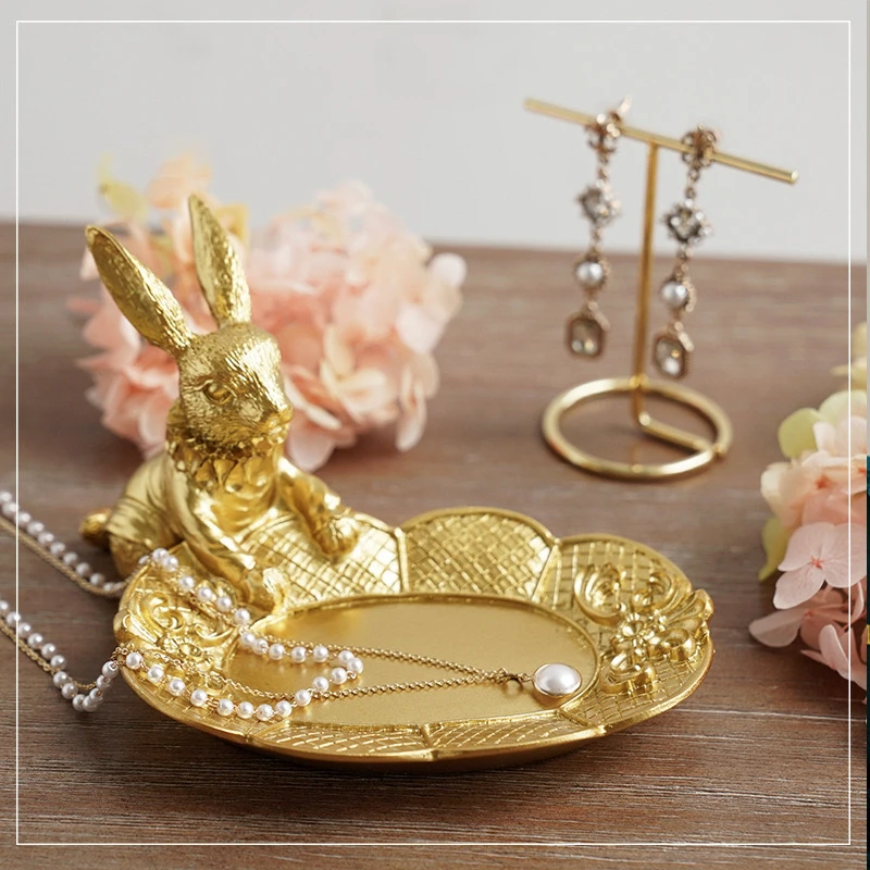 Elegant Gold Rabbit Jewelry Dish Holder, Decorative Ring Trinket Tray for Home Decor, Cute Photo Prop & Unique Gift