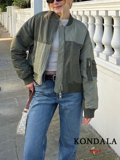   Kurtki bomberki streetwear w kolorze wojskowej zieleni damskie patchworkowe z kieszeniami na zamek błyskawiczny oversize modne kurtki zimowe jesienne 2025