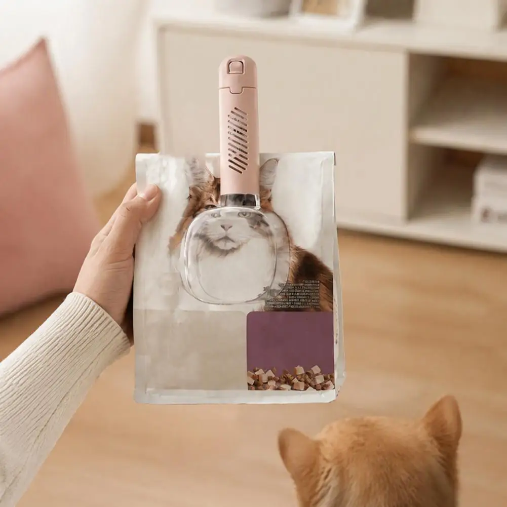 Clear Pet Food Scoop with Scale Desiccant Slot Bag Sealing Clip Measuring Scoop for Dogs Cats Food Accurate Feeding
