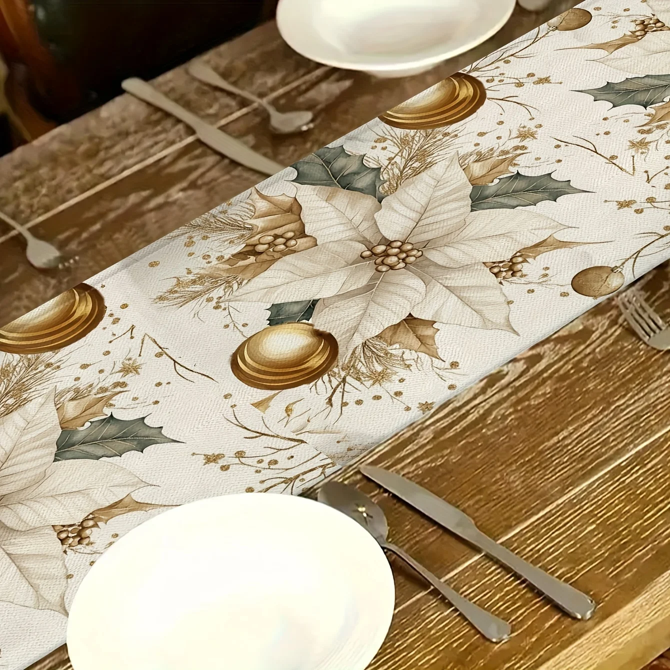 1pc Elegant Gold & White Poinsettia Christmas Table Runner - Perfect Festive Decor for Christmas Dinners, Ideal Gift for Holiday