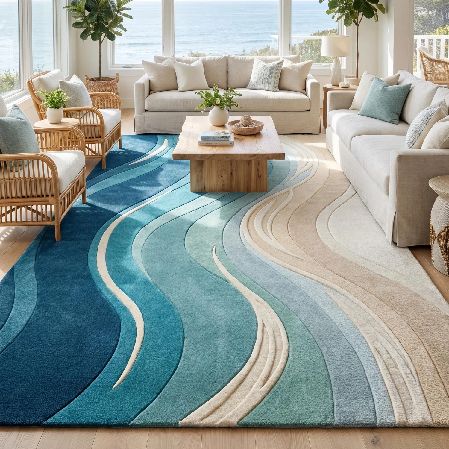 Room Decor Rug, Gradient Blue Wave Curved Line Print Area Carpet, Coastal Ocean Style Floor Mat, Plush Rug for Bedroom, Rugs for Livingroom, Indoor Home Decor, Rectangle Decor Floor Rug For Beach Hous