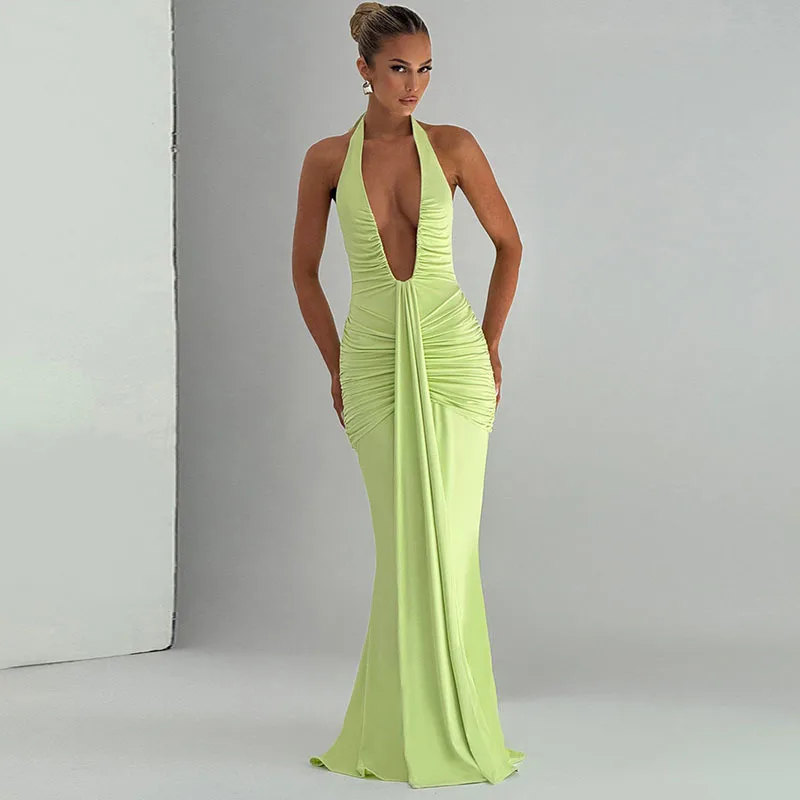 

apprabant solid color Hanging Neck holow out dresses fashion sexy Deep V slimming Waist Backless pleated Float Tail Dress