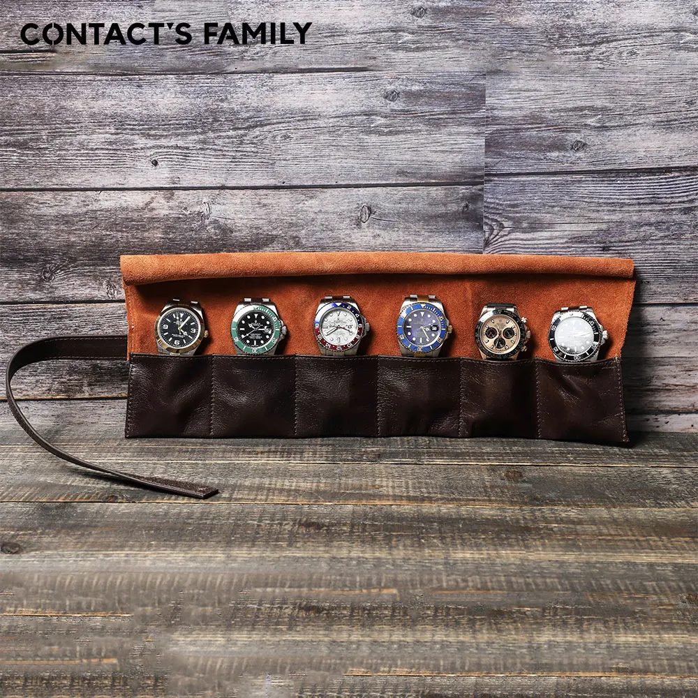 CONTACT\'S FAMILY Luxury 100% Cowhide Leather 6 Slots Watches Roll Case Travel Portable Watch Holder Handmade Storage Organizer