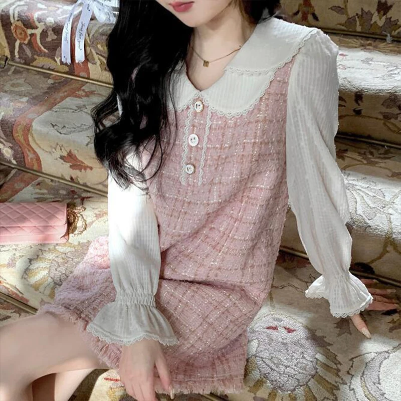 Korean Style Elegant Party Dresses for Women, Kawaii Sweet Skirt, Pink Tweed, Fake Two Set, Festival Outfit, Spring, Summer New,