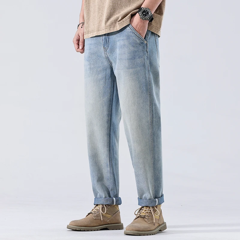 

Мужские летние тонкие джинсы Slim Fit в американском стиле, прямые, ретро, с эффектом потертости, свободные, длинные брюки