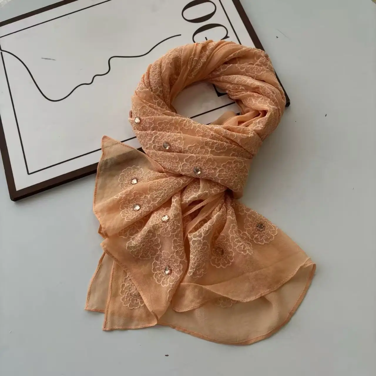 Women 100% Silk Orange Sheer Scarf Luxury Brand Floral Embroidery Rhinestone Beading Shawl Wrap Elegant Scarf Accessories