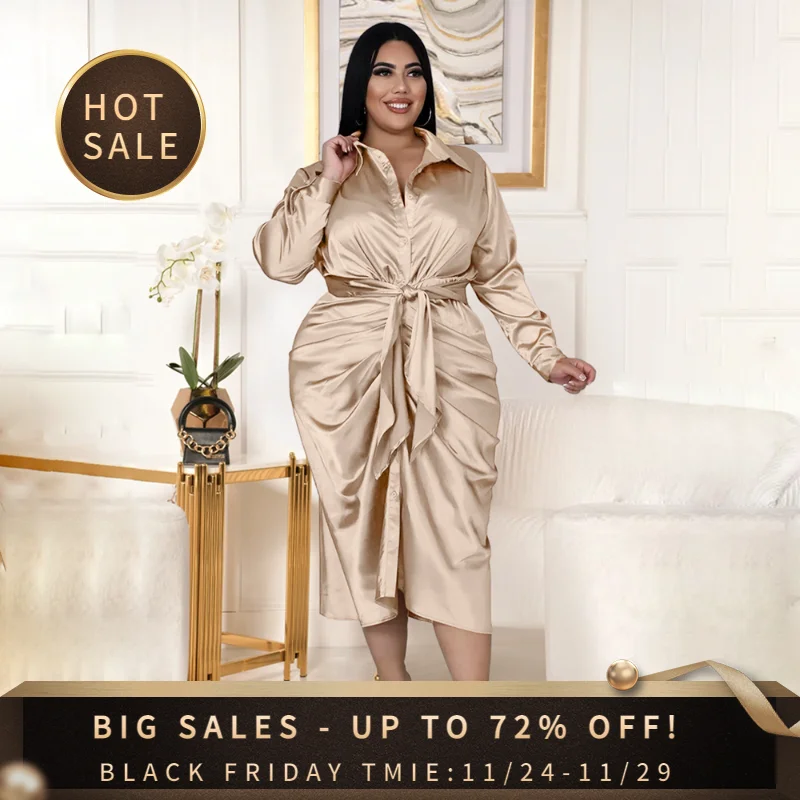 plus size office lady midi dress fashion stain women long sleeve robe large sizes curve female casual pleated female shirt dress