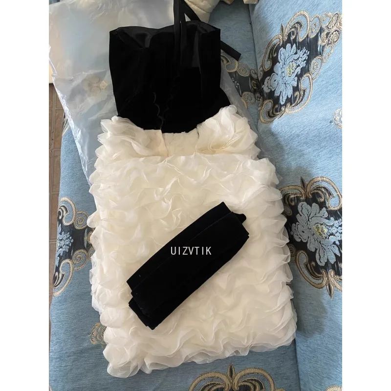 Luxury A-Line Wedding Party Gowns Women Sexy Velvet Strapless Sleeveless Formal Evening Dresses Black Lace Up Bow Prom Dress