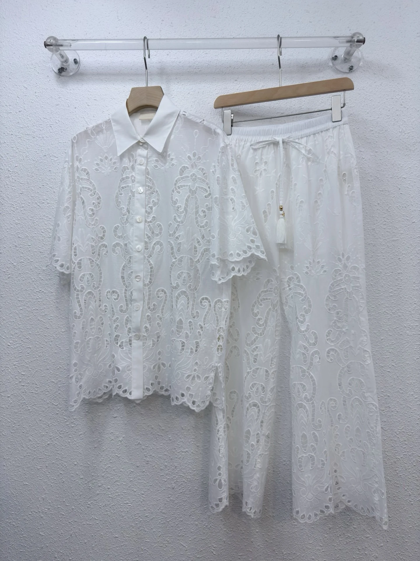 

Women Eyelet Embroidery 2 Piece Outfit Turn Down Collar Short Sleeve Oversized Shirt + Elastic Drawstring Flared Pants Boho Chic