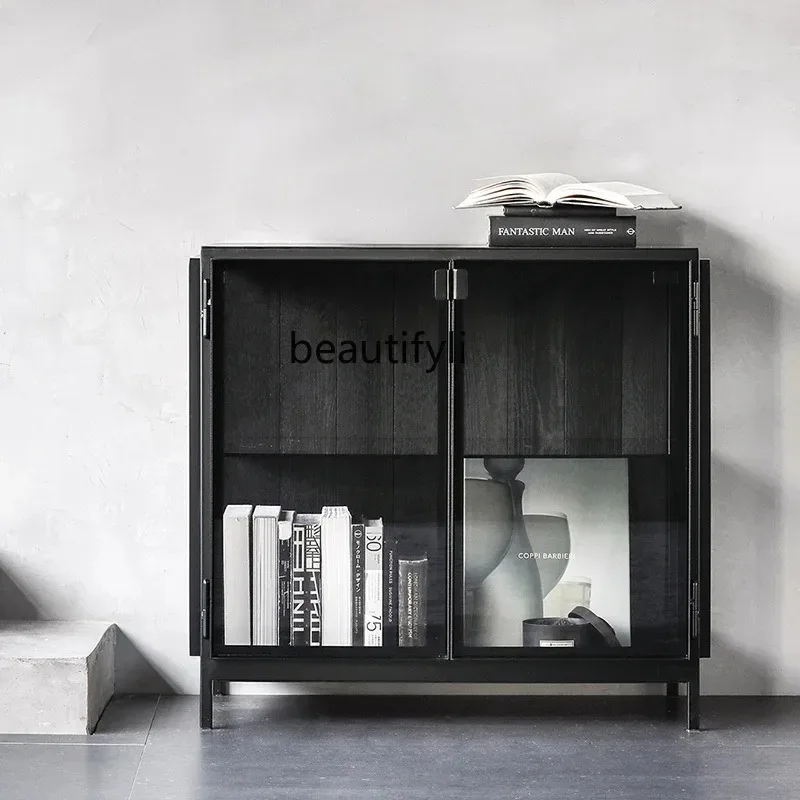 D2520 Modern Minimalist Nordic Italian Minimalist Style Designer Model Black Glass Entrance Side Cabinet