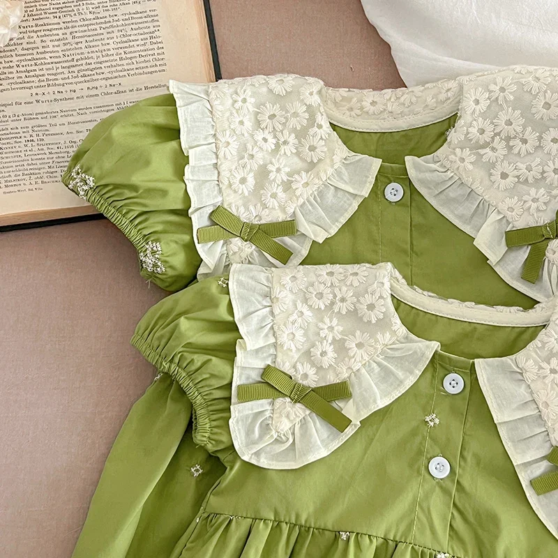 0-24 متر طفلة ملابس طفل الفتيات بذلة جديد الصيف قصيرة الأكمام بذلة القطن التطريز الربط الرضع داخلية