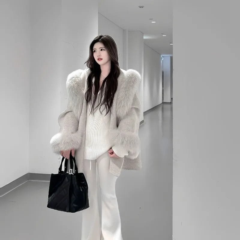 Winter Woolen Coat Sweater Collar Autumn and Winter New High-end Hooded Lace-up Woolen Jacket Exquisite Simple Casual Fashion