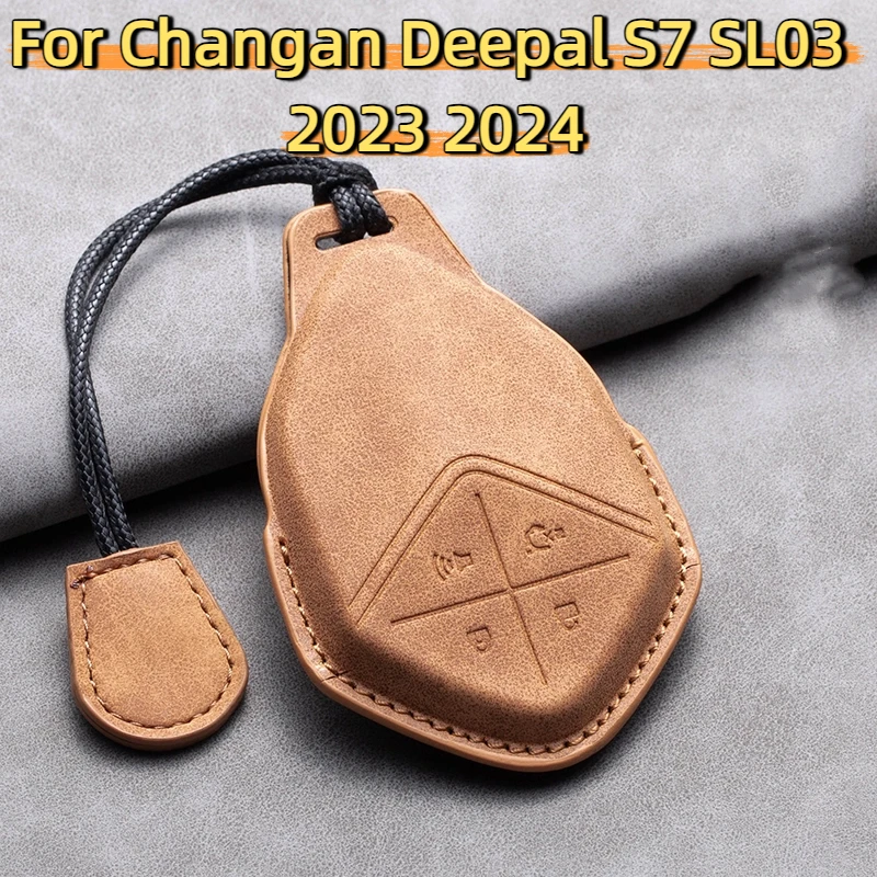 

Leather Car Remote Key Case Cover for Changan Deepal S7 SL03 2023 2024 Car Key Fob Shell 4 Buttons Holder Keychain