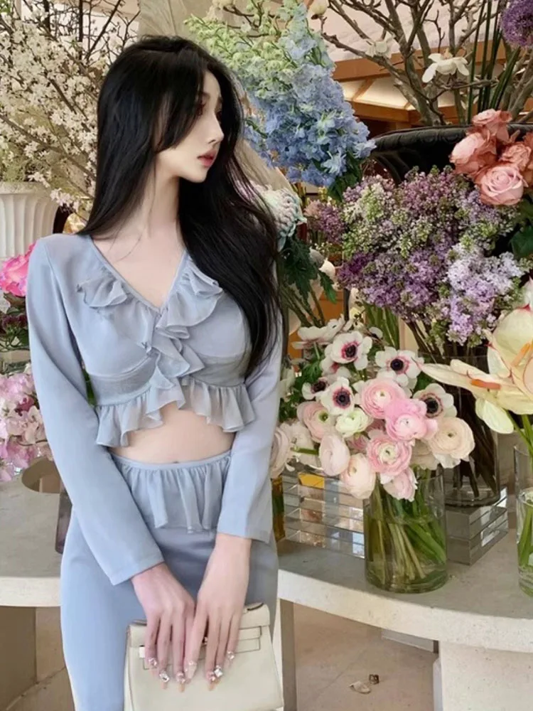 Autumn Winter Gyaru Blue Cardigans Clubwear V-Neck Cozy Lace Up Knitted Sweater 2000s Aesthetic Slim Top Casual Japanese Fashion