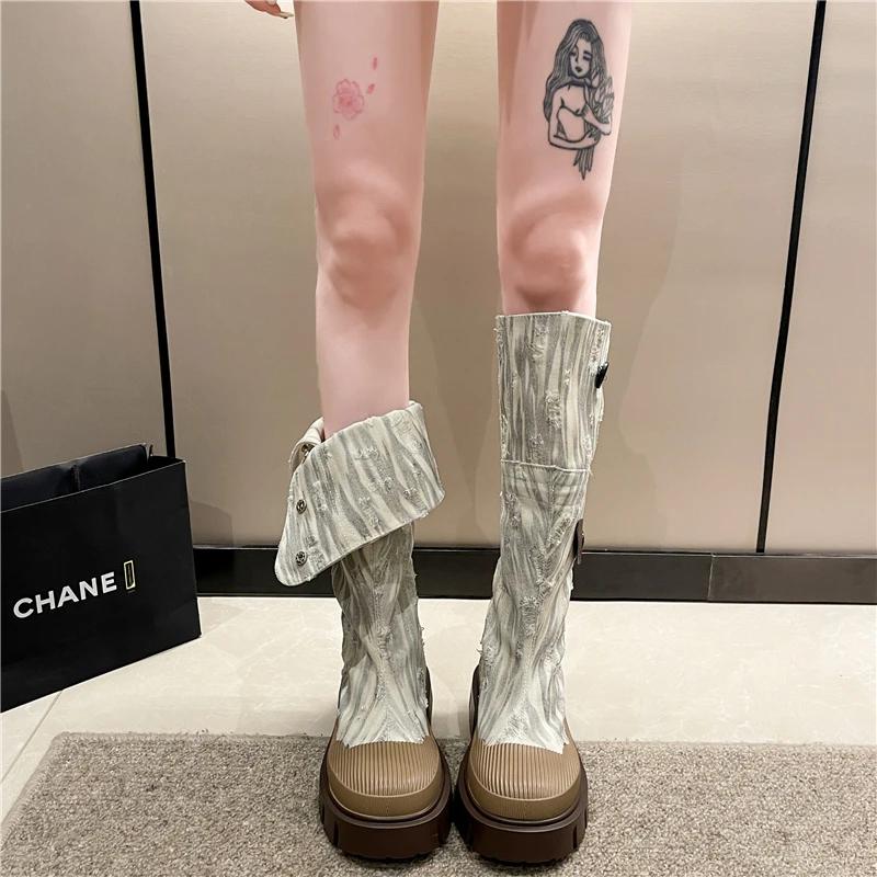 Denim Chelsea Knee High Boots Women Platform Shoe 2024 Designer Winter Flats Shoes Goth Motorcycle Boots Casual Shoes Botas