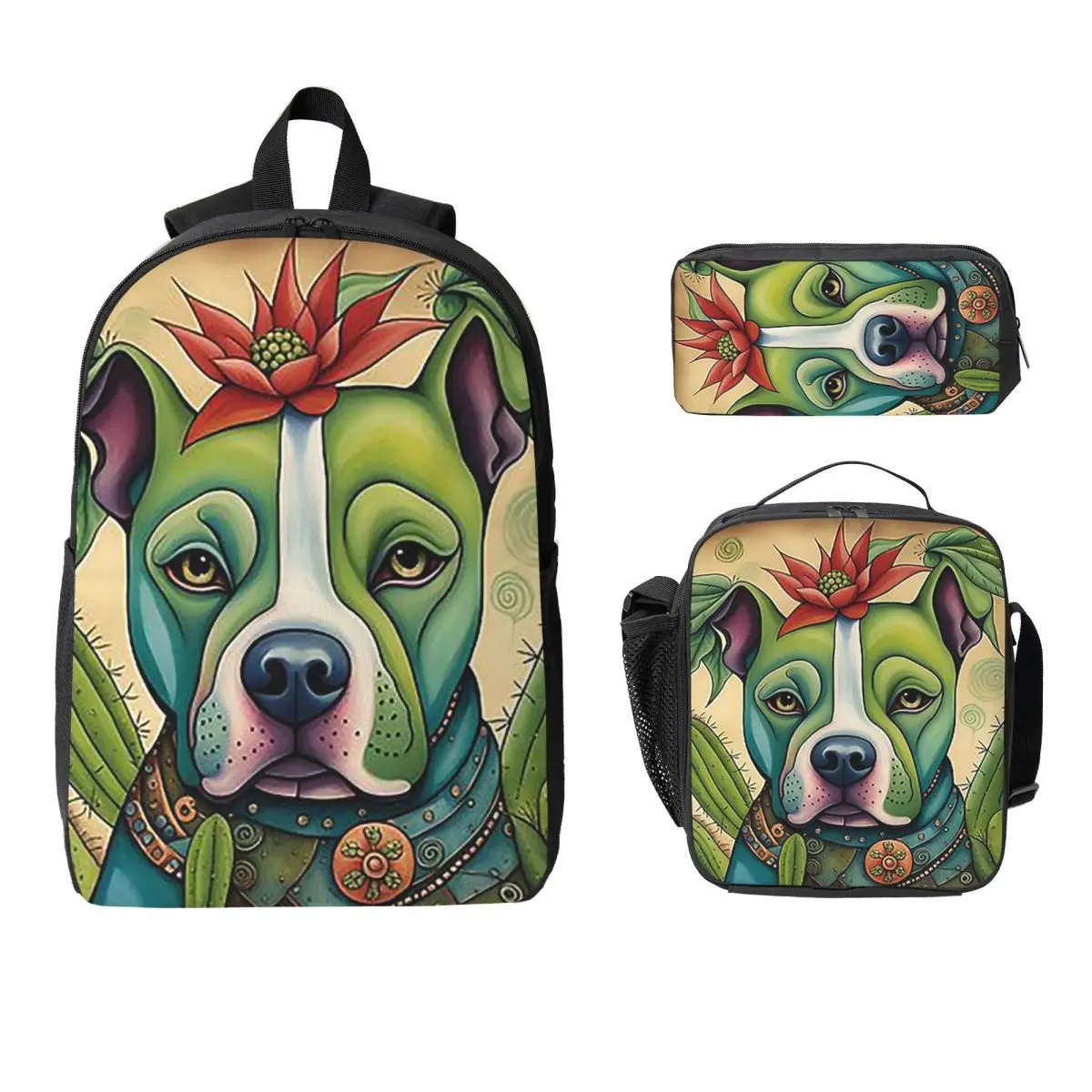 

Pit Bull Prickly Portraits Backpack Student Boy Girl BookBag School Bag Laptop Shoulder Bags 3ps Insulated Lunch Bag Pencil Case