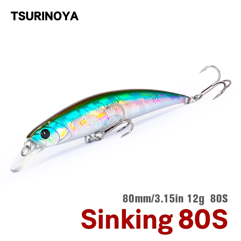 TSURINOYA Fishing Lure Sinking Minnow 80S 12g DW96 8cm Large Rockfish Hard Bait Jerkbait Freshwater stream Saltwater Wobbler