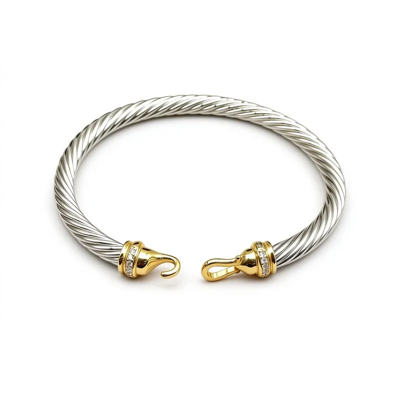 Silver Twisted Cable Open Bangle with Gold Plated Hook Clasp and CZ Diamond Accents, 3mm 5mm Cable Available, Two Tone Chic, Hypoallergenic High Quality Alloy, Durable Polished, Lightweight Fit, Trendy Daily Jewelry, Great Gift for Her Birthday, Chic
