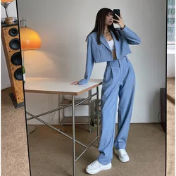 Office Lady Plain Blazer Suits Vintage 2 Two Piece Set Women Long Sleeve Short Blazer + High Waist Long Pants 2 Piece Outfits