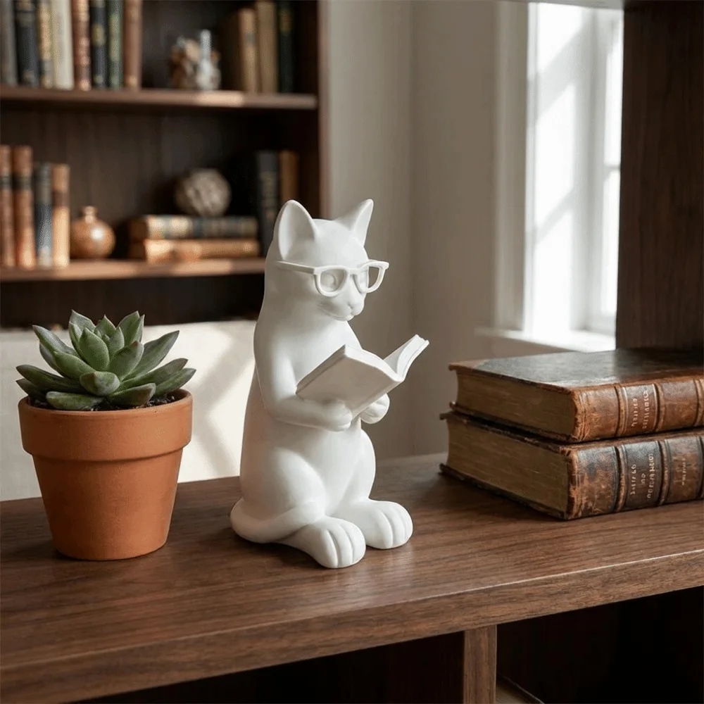 Creative 3D Printed Reading Cat Figurine Artistic Intellectual Glasses Cat Statue Plastic Desktop Statue Desktop Decor