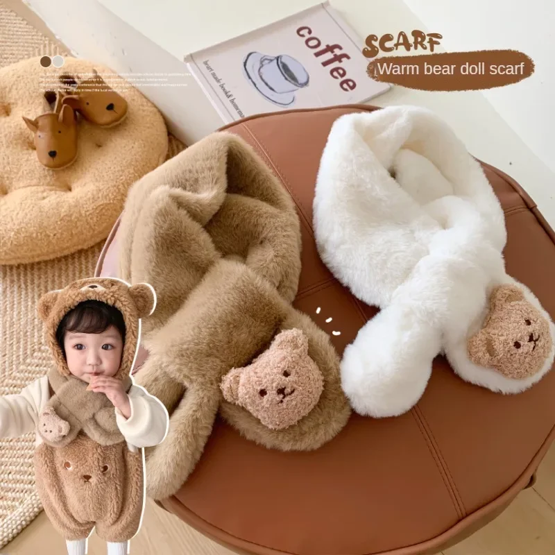 Cartoon Winter Baby Scarf Cute Bear Plush Scarves for Kids Boys Girls Korean Solid Color Children Warm Neckerchief