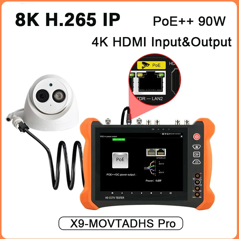 X9-MOVTADHS Pro Full Function PoE++ 90W 2K Retina Screen 8K H.265 IP CCTV Tester IP Camera Tester 8MP TVI AHD CVI Camera Tester