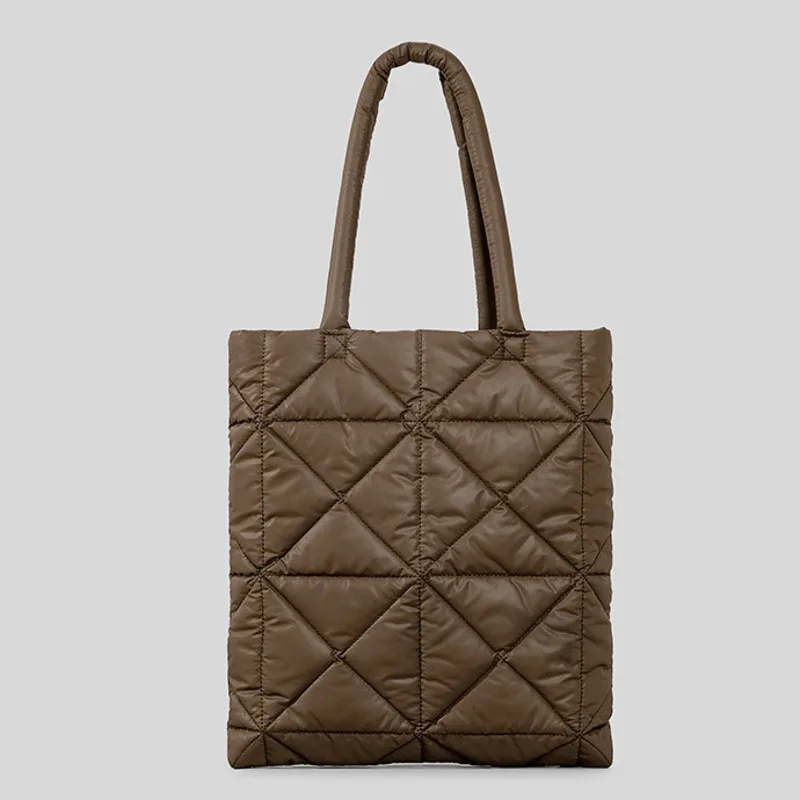 

Women's Fashion Quilted Plaid Design Down Shoulder Bag Women's Casual Fluffy Design Tote Commuter Large Capacity Shopping Bag