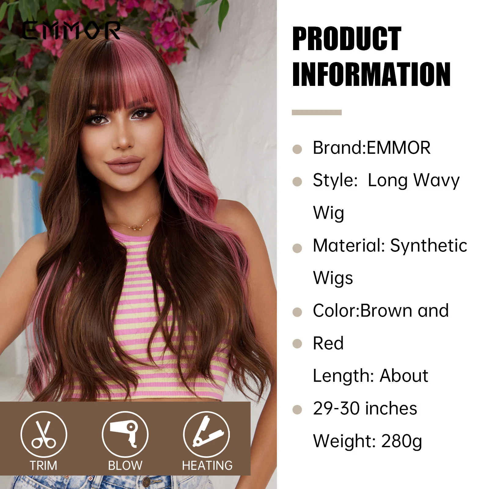 Emmor Youthful Synthetic Wig Long Wavy Curly Ombre Blonde Mixed Pink Wigs for Women Heat Resistant Party Daily Hair Bang Natural