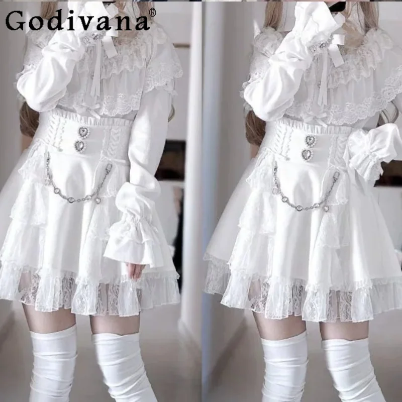 Summer New Sweet Japanese Lace Cloak Heavy Industry Short Sleeve Shirt Fashion High Waist A-line Age Reduction College Skirt