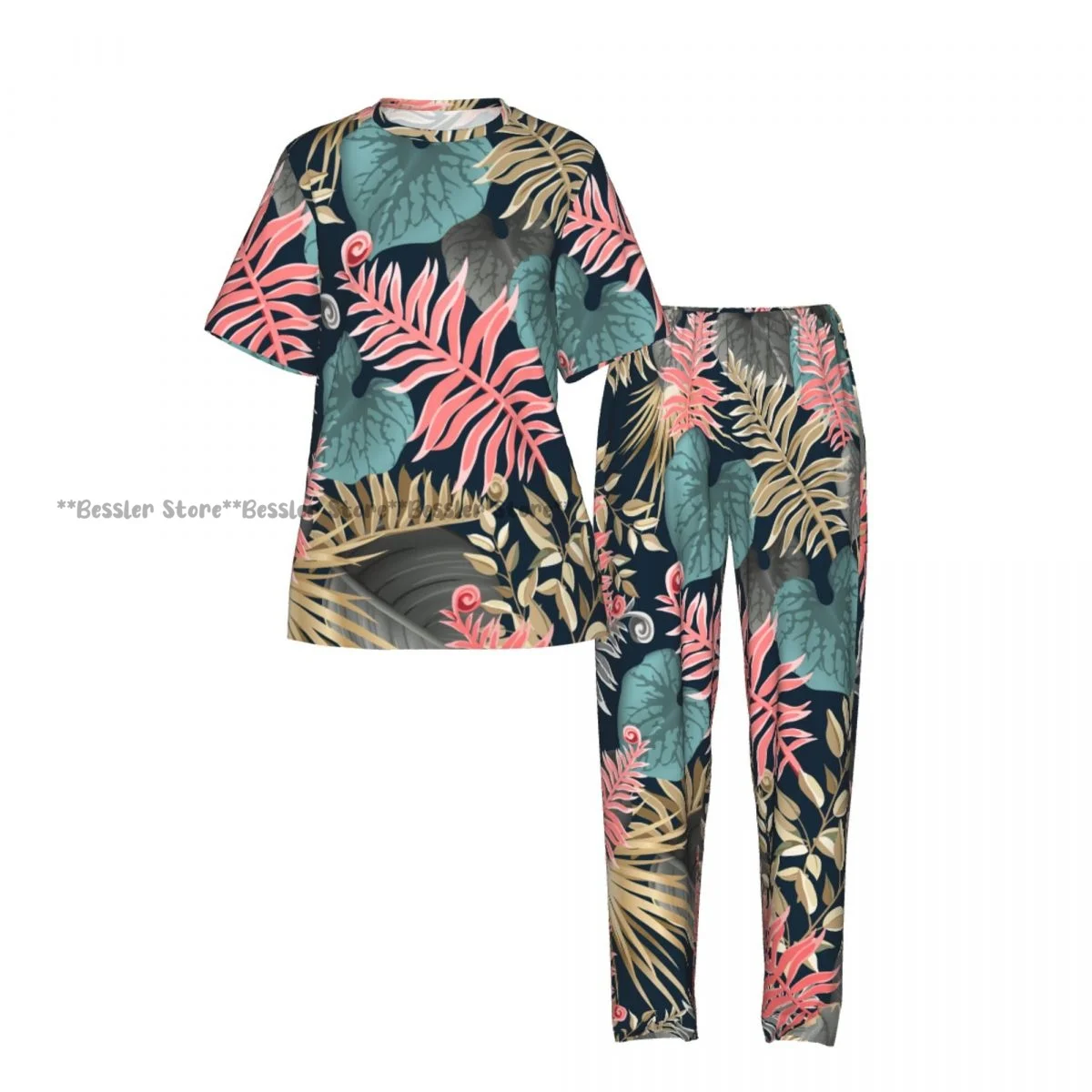 Women's Comfort Pajamas Women's Tropical Leaves Short Sleeve Set Sleepwear