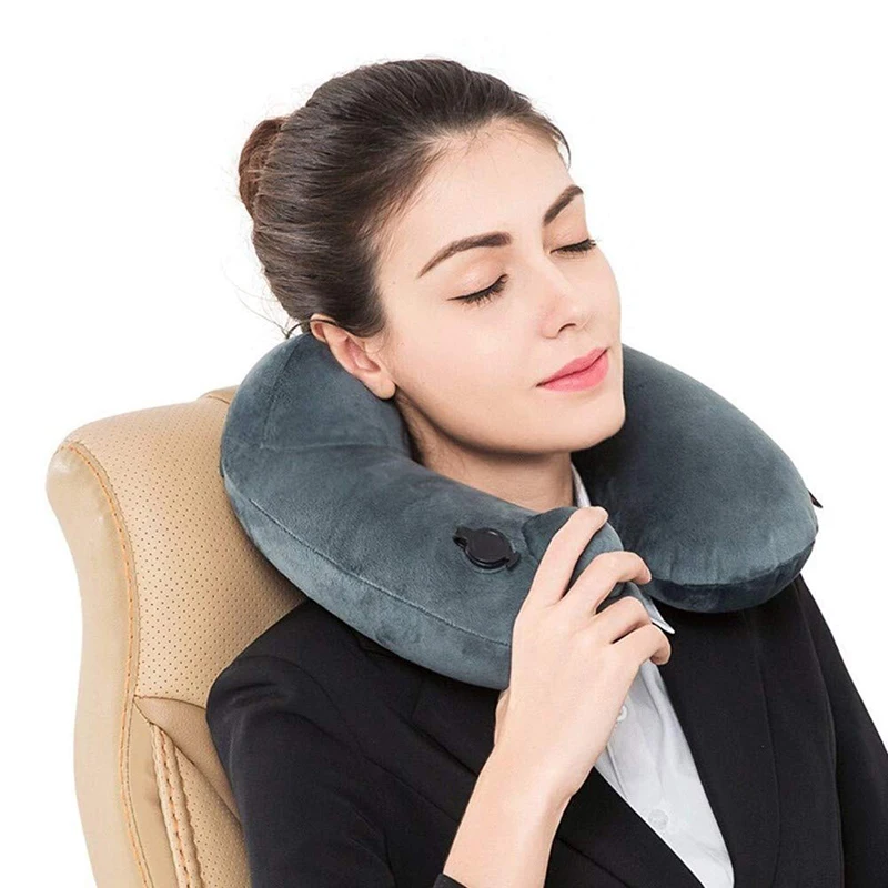 Travel Inflatable Pillow Soft Neck Support Lightweight Ergonomic For Sleeping On Planes, Cars And Trains Storage Bag Included