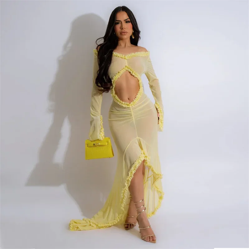 Sexy Center Cutout Wrap Hip Dresses Women Korean See-through Long Sleeves Dress Female Fashion Party Slim Fit Floor-length Gown