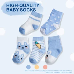 5Pairs Kids Cartoon Mid Tube Socks  Blue Rabbit Pattern Cotton Round Neck Cute Sock Casual Breathable Unisex Baby Socks 0-8Years