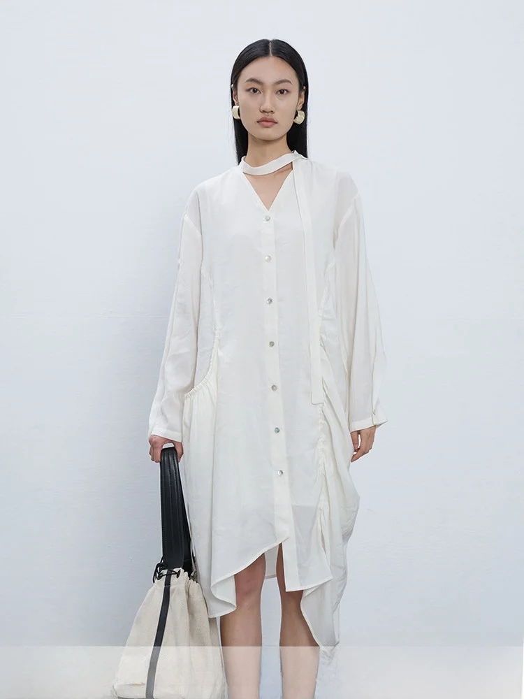 

XIMU STUDIOS Асимметричная свободная блузка с длинным рукавом, скрывающая недостатки фигуры, белая, женская, модная, весна-осень, для повседневной носки, в корейском стиле