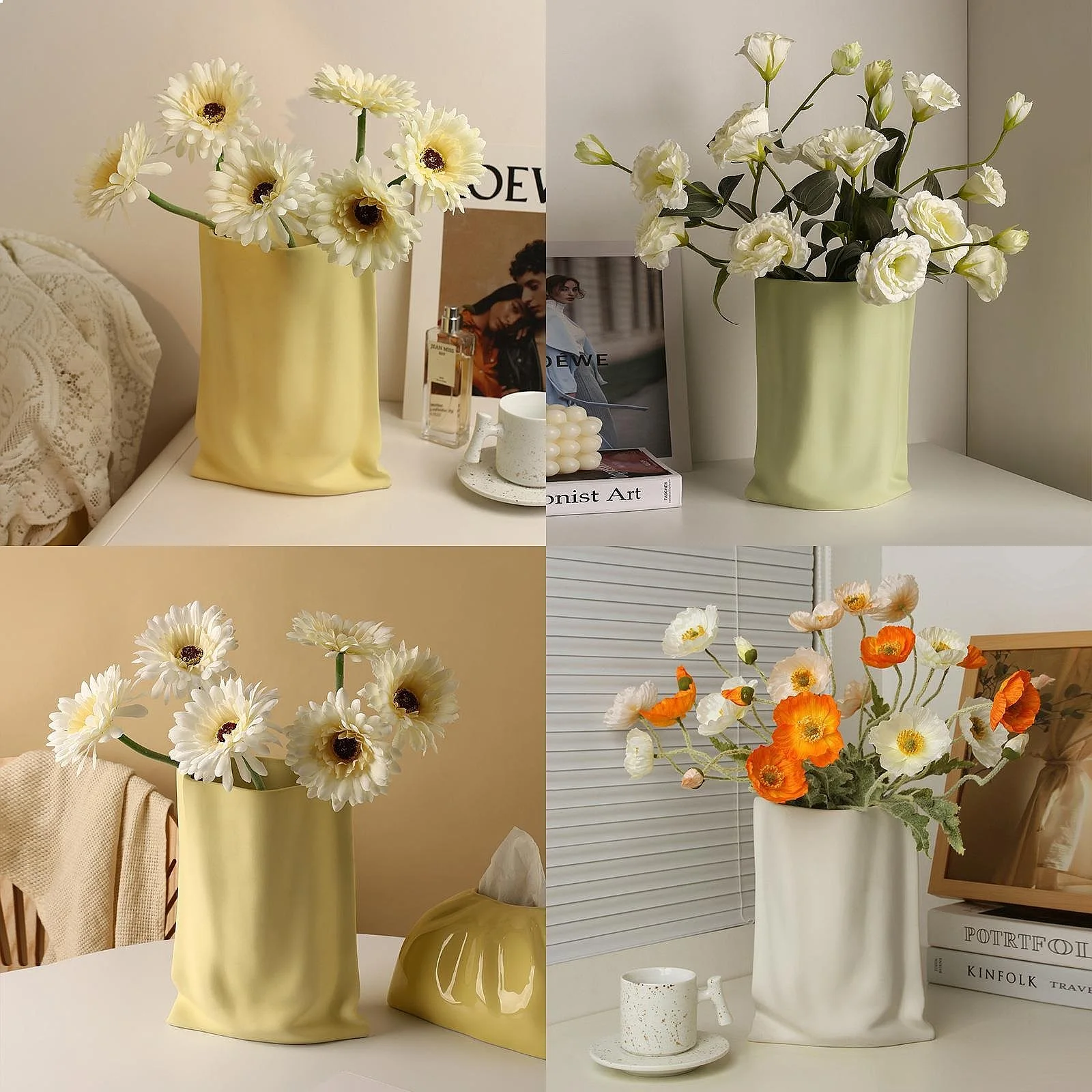 Elegant Premium Cream Ceramic Paper Bag Vase for Living Room Entryway Table Flower Arrangement