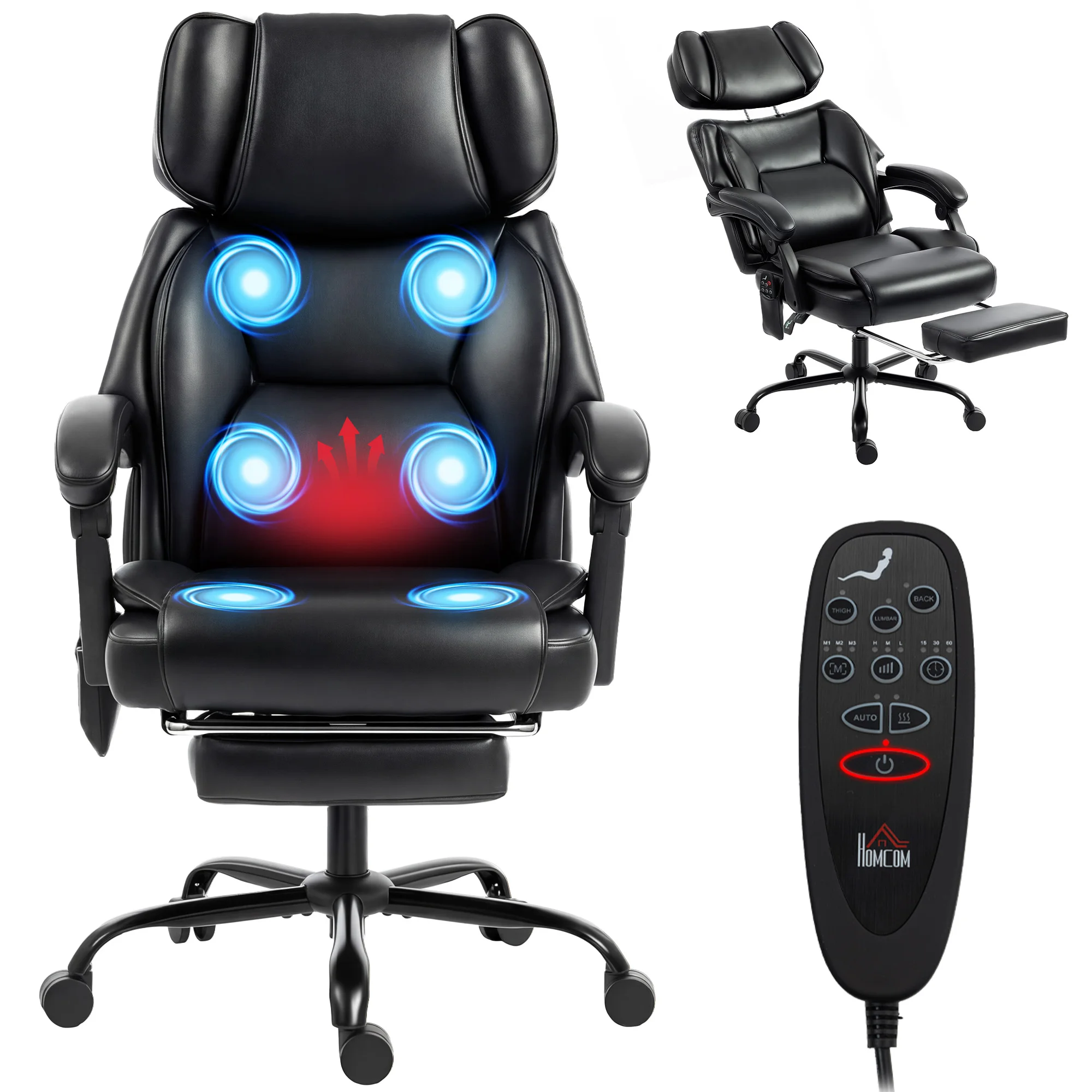 HOMCOM Massage Office Chair with Lumbar Heat, Ergonomic Executive Desk Chair with Adjustable Headrest, 6 Points Vibration, High Back, Reclining, Padded Armrests, Footrest, PU Leather, Black