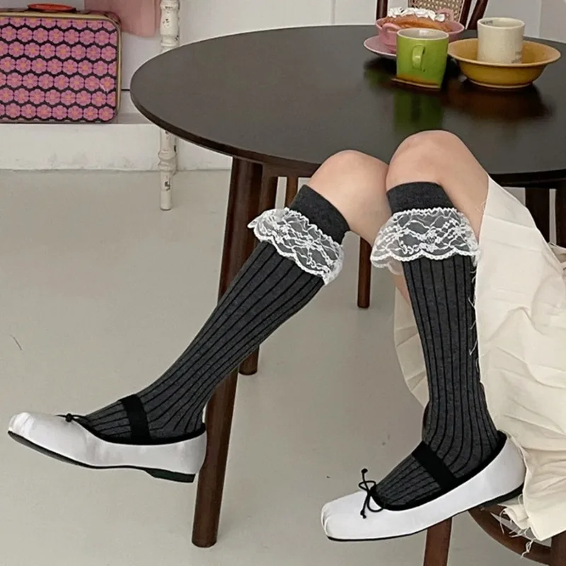 Chaussettes longues en coton pour filles douces, chaussettes à volants en dentelle Lolita, bas de style japonais JK, bas de garniture, document solide