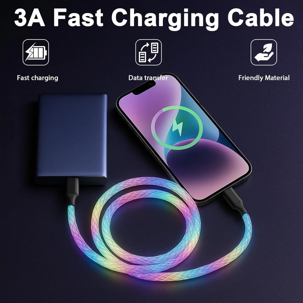 6A Fast Charging Cable TYPE-C LED Light RGB Breathing Luminous Gradient Light Data Cable For iPhone 14 15 Pro Huawei Samsung S22