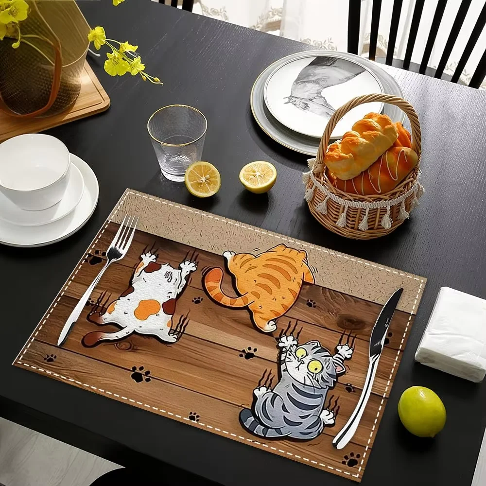 مفارش فيكاما 4/6/8/10 قطع أمريكية عتيقة بثلاث قطط: سجادات طعام/مطبخ مقاومة للماء وكوسترات قهوة لطيفة للمنزل #2