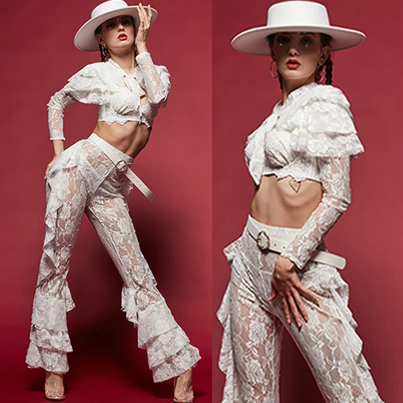 2025 Pizzo bianco Retro Moderno Gogo Danza Costume di scena Discoteca Ballerino Abiti Bar Dancewear Festival Abbigliamento Rave Abiti yj