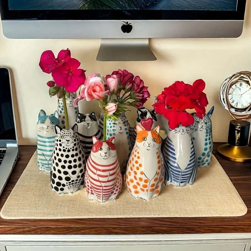 5pcs Whimsical Polka Dot Cat Vase Set Resin Flower Pot with Colorful Striped Cats Adorable Mini Decorative Figurine Home Decor