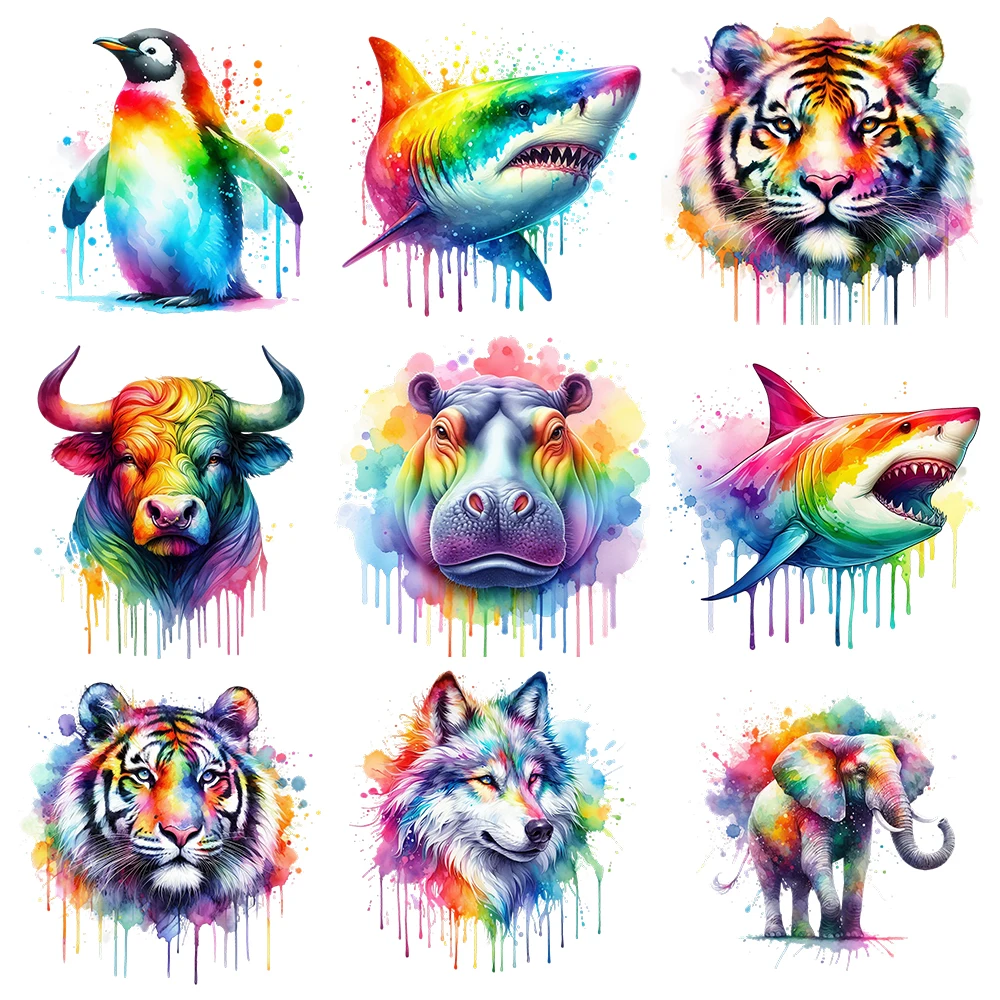 25cm New Rainbow Animal Elephant Tiger Lion Penguin Iron-On Transfers Stickers For T-Shirts DIY Washable Heat Transfer Sticker