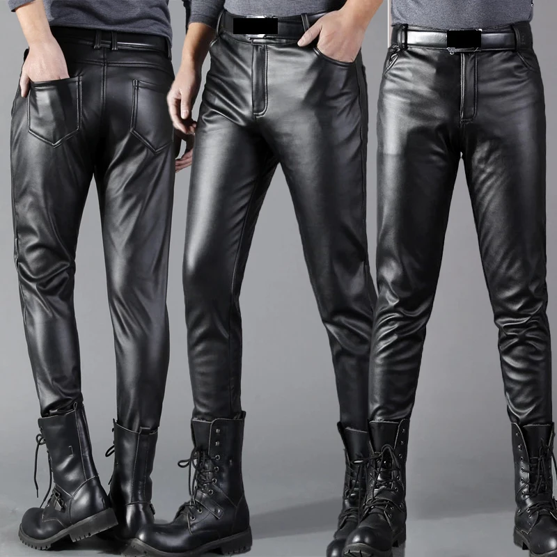 Men Leather Pants Skinny Fit Elasti Fashion PU Leather Trousers Motorcycle Pants Wet Look Stretch Faux Leather Streetwear