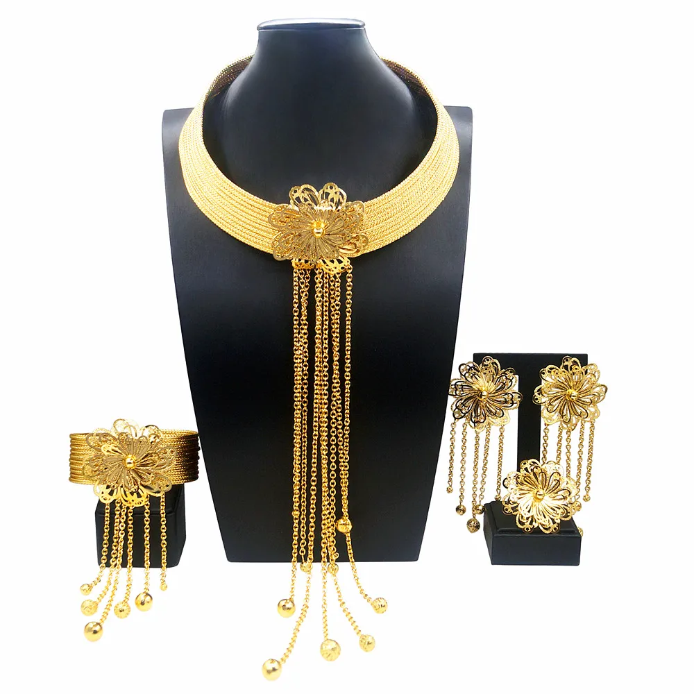 18K Gold Plated Brazilian Tassel Long Women Necklace Engagement Party Earrings Jewelry Set Free Shipping